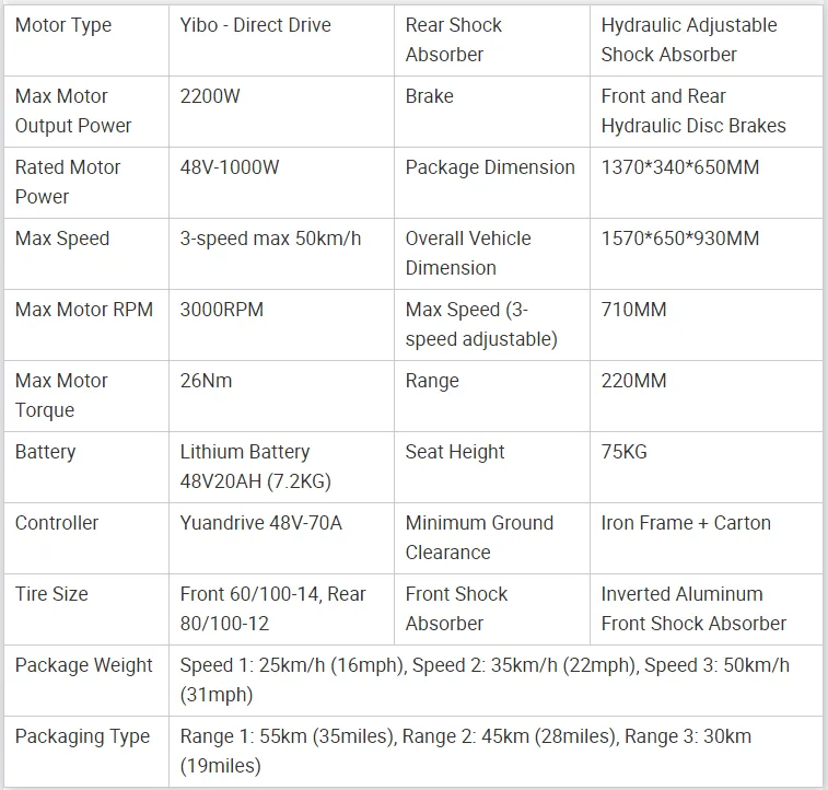 TRELFEY Electric Off-Road Moto specification sheet
