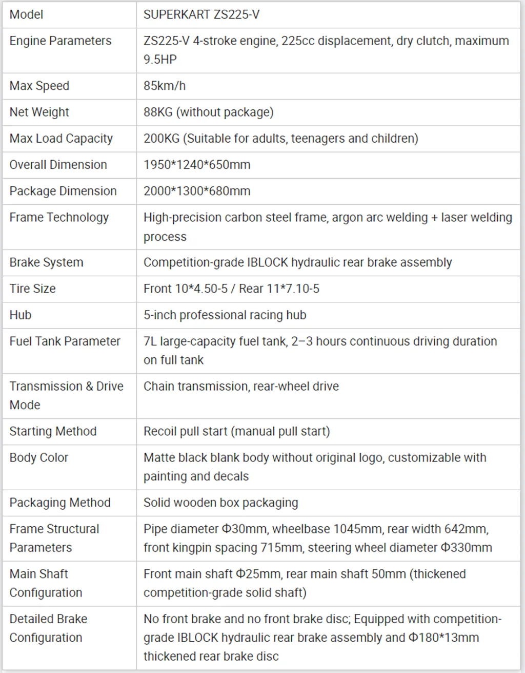 TRELFEY ZS225-V Petrol specification sheet